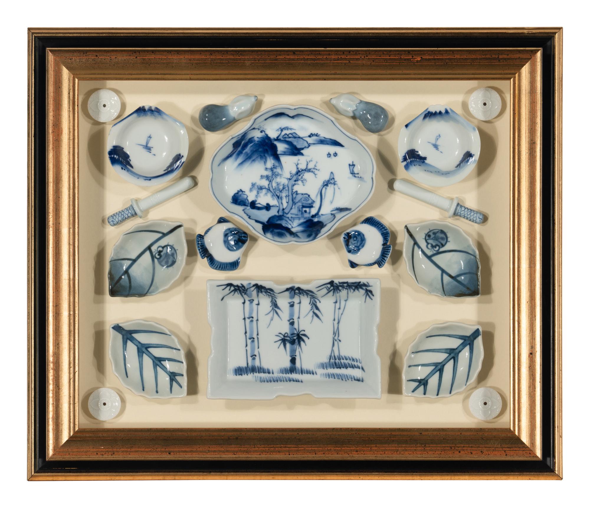 Four Shadow Boxes Mounted with Chinese Blue-and-White Porcelain Articles