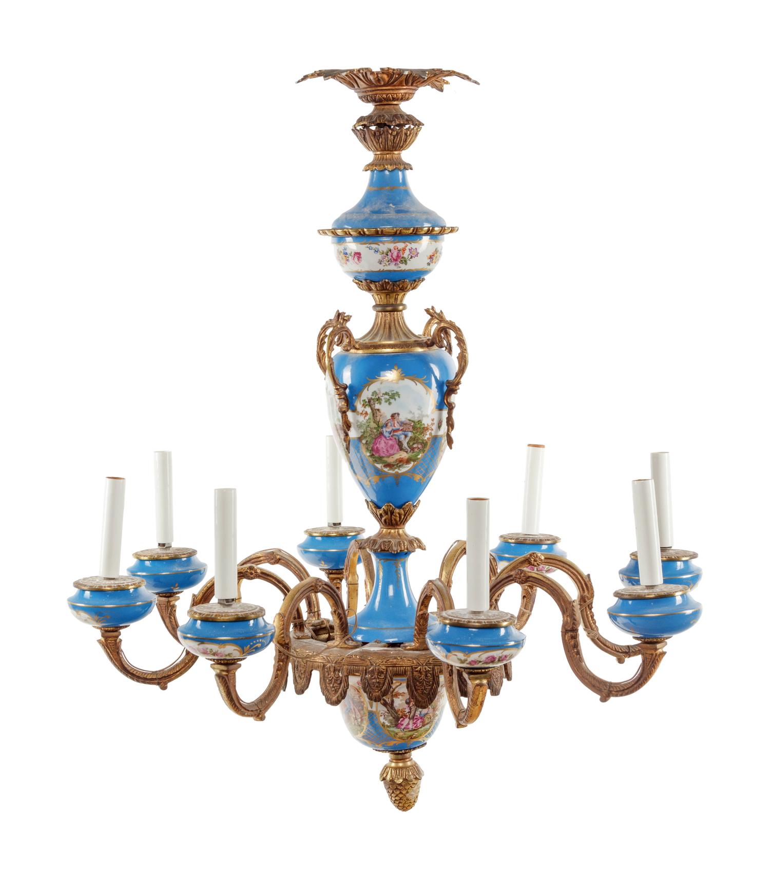 A Sèvres Style Gilt Metal Mounted Porcelain Chandelier