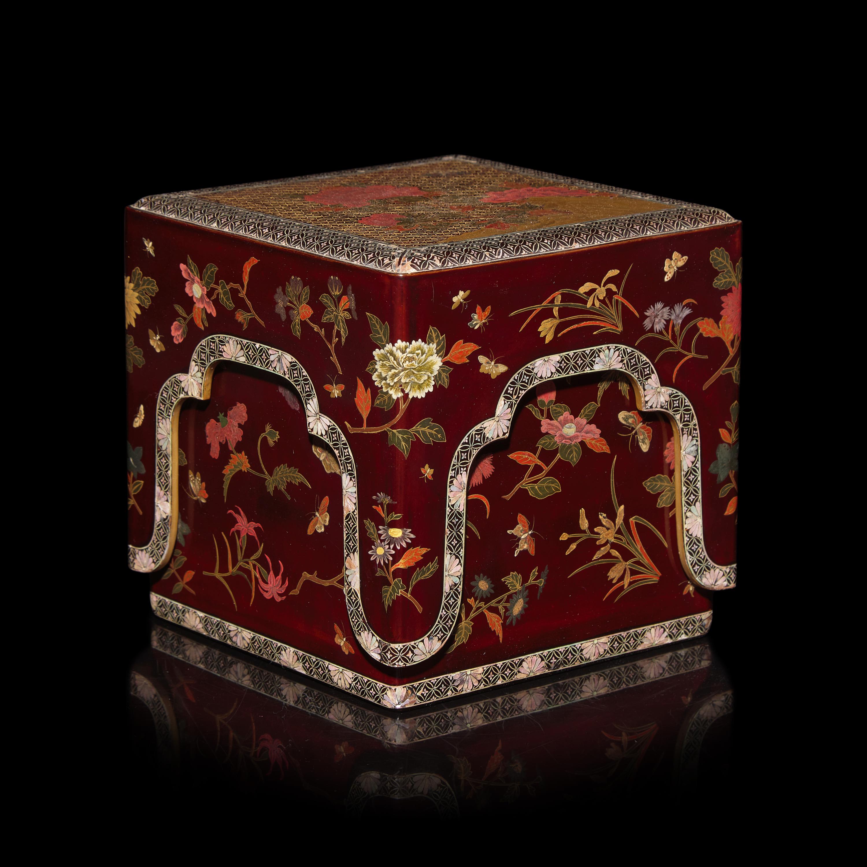 An Unusual Japanese Lacquer Box and Cover, Edo Period, 18th/Early 19th Century — 日本江戶時代 朱漆描金嵌螺鈿蓋盒
