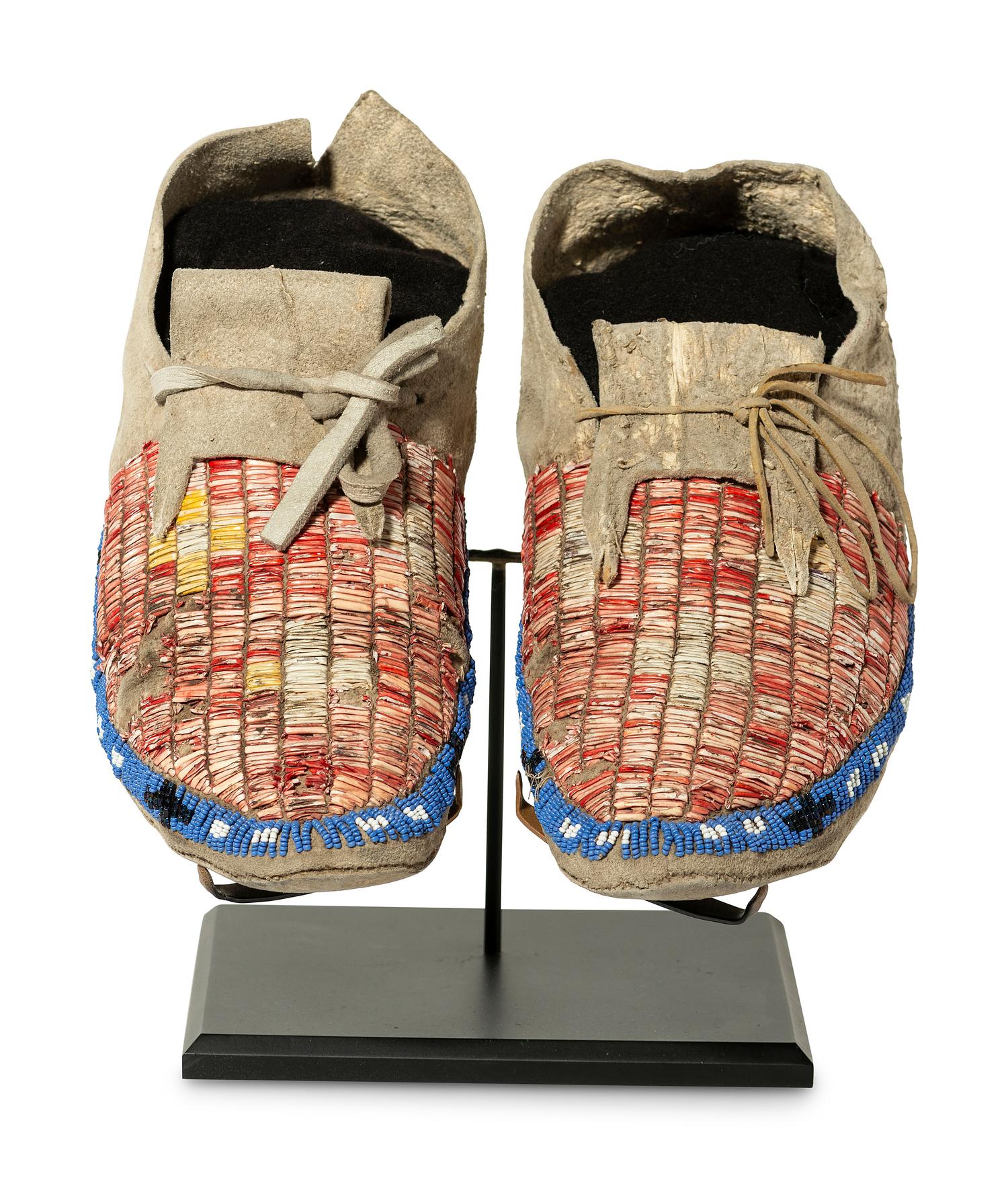 Northern Plains Quilled and Beaded Hide Moccasins