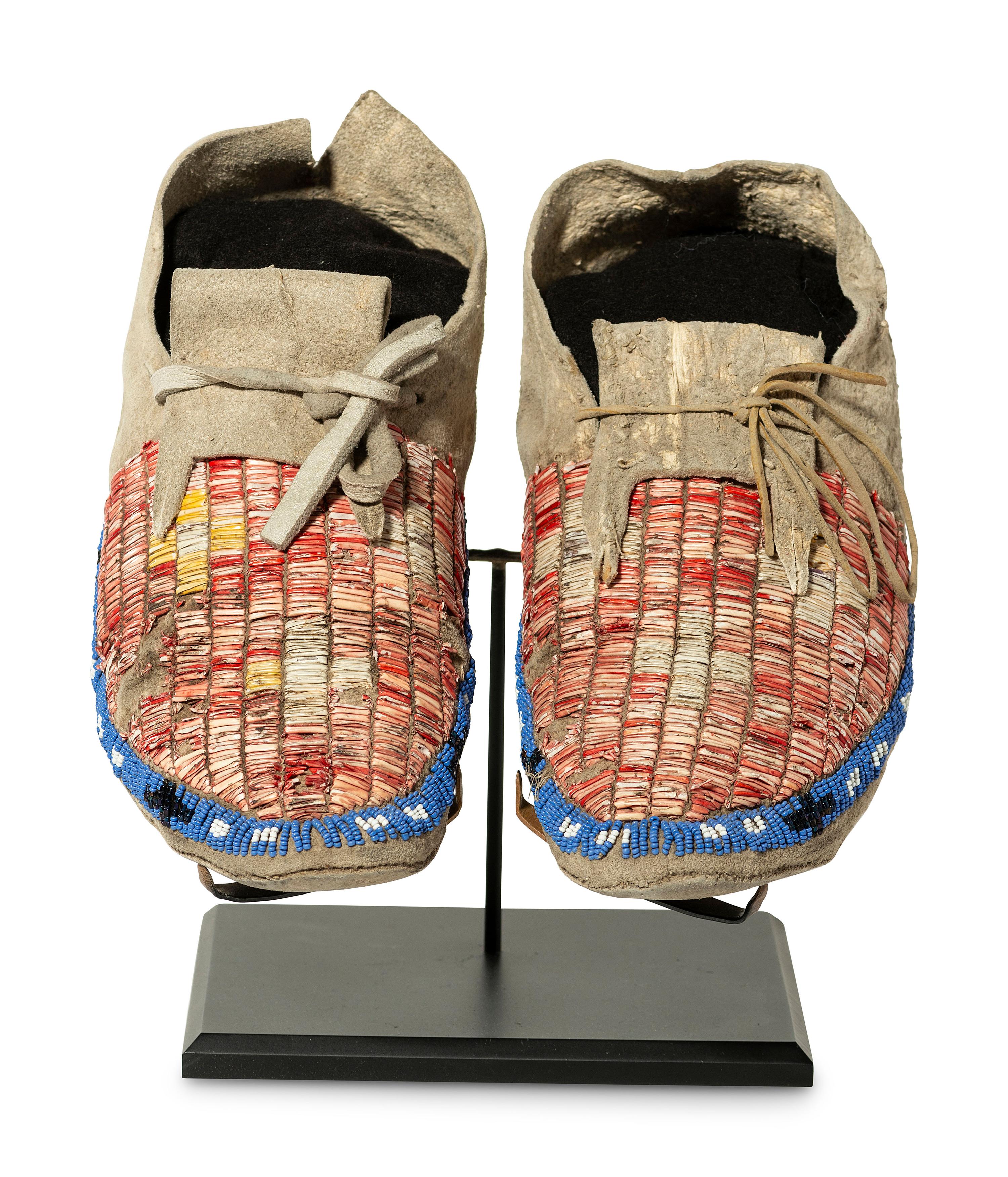 Northern Plains Quilled and Beaded Hide Moccasins
