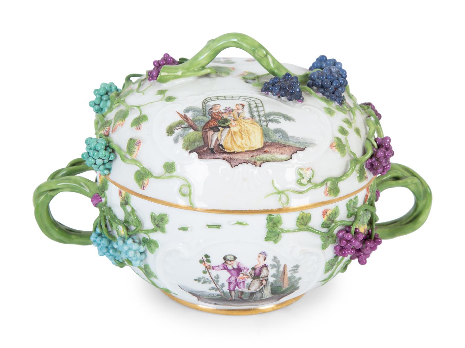 A Meissen Porcelain Lidded Bowl and Undertray with Applied Grape Clusters — 19TH CENTURY
