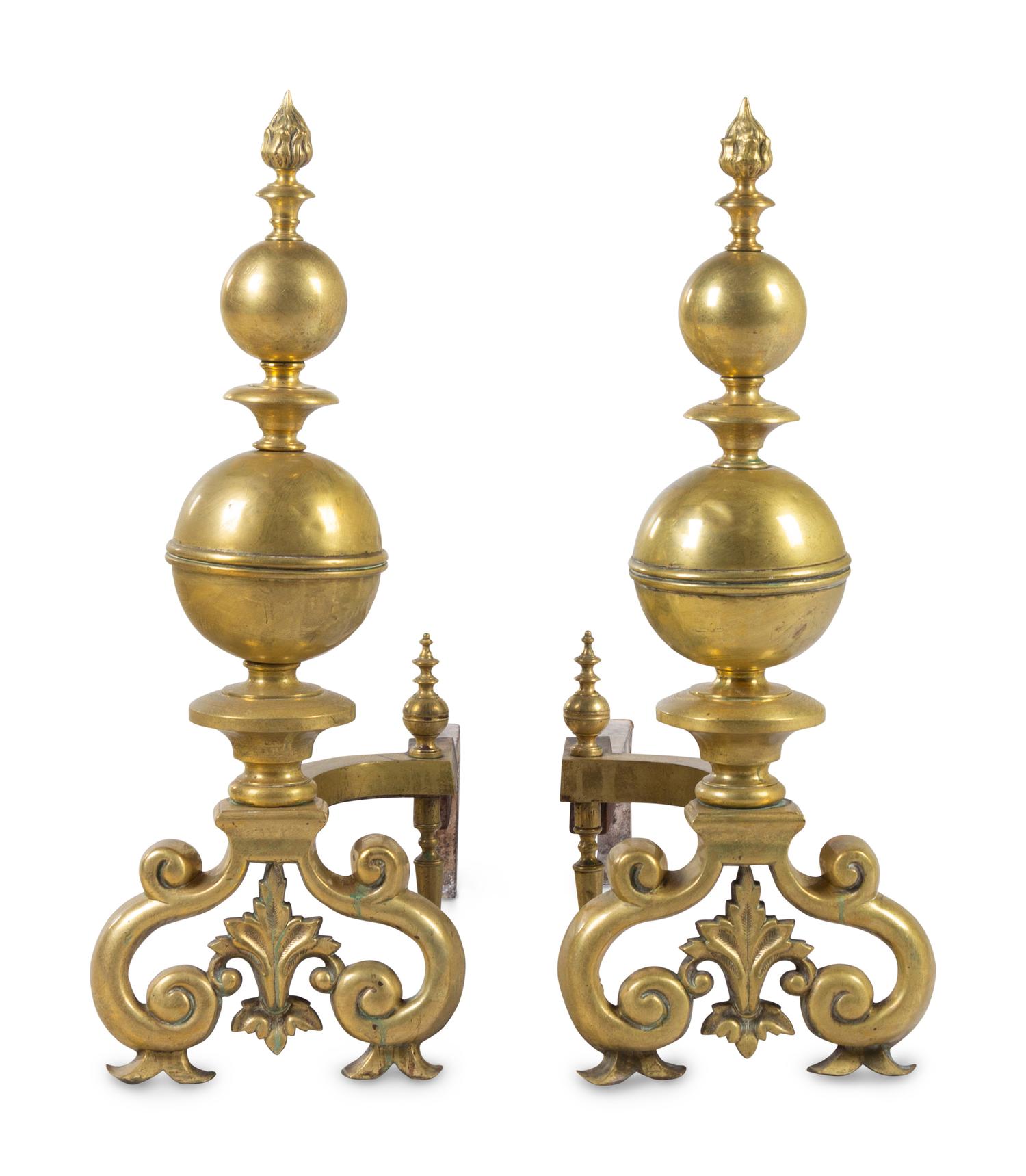 A Pair of Continental Brass Andirons