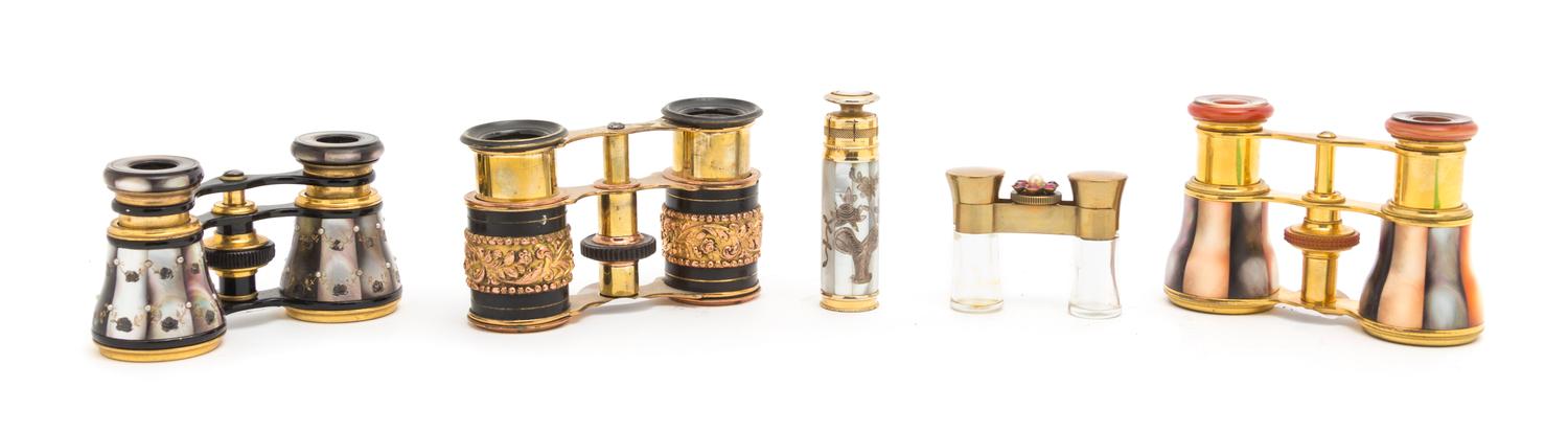 A Collection of Three Opera Glasses, Width of widest 3 7/8 inches.