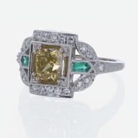 A Colored Diamond, Diamond, Emerald, and 18K White Gold Ring