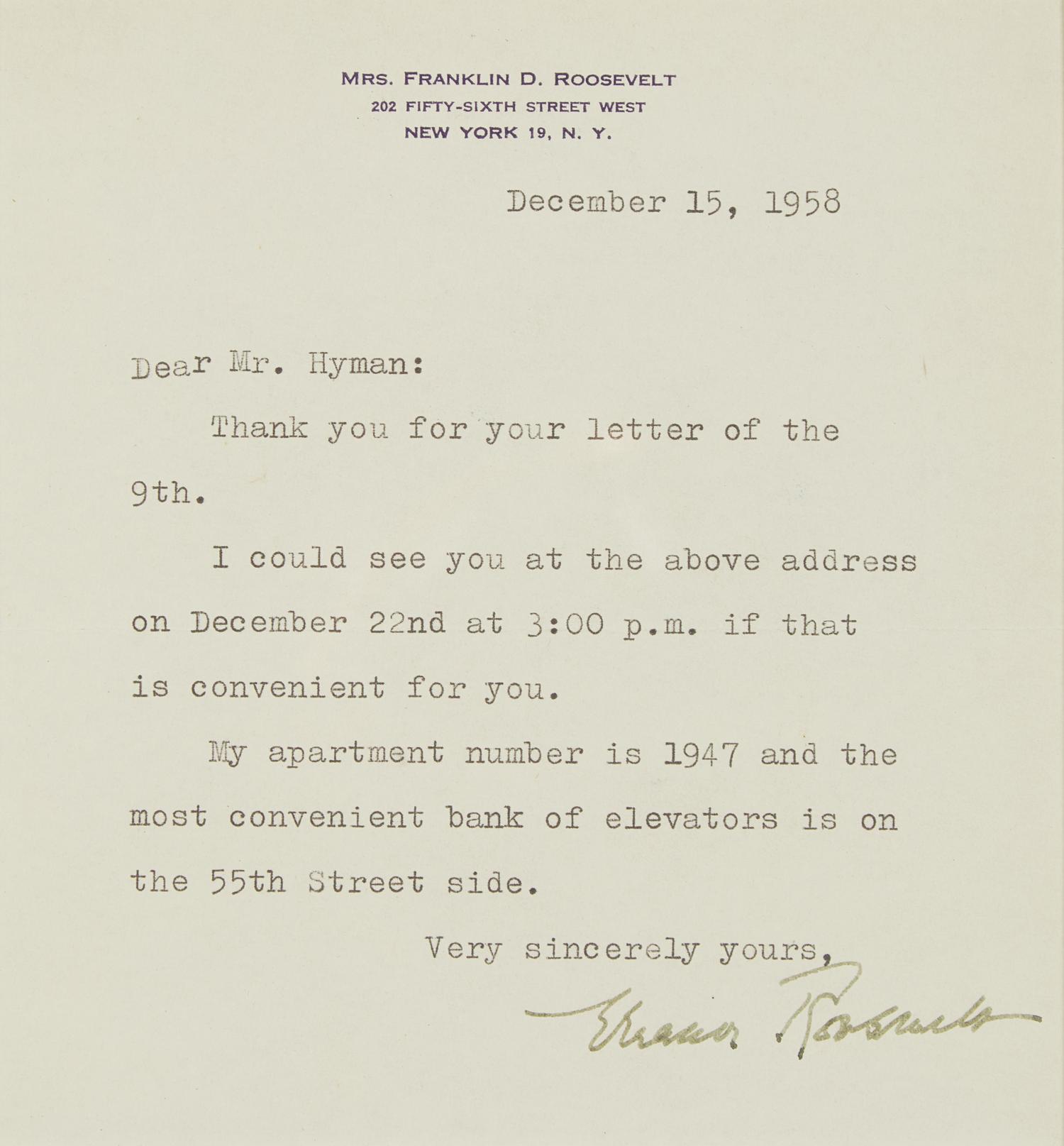 [Presidential] Roosevelt, Eleanor. Typed Letter, signed, and Signed Photograph
