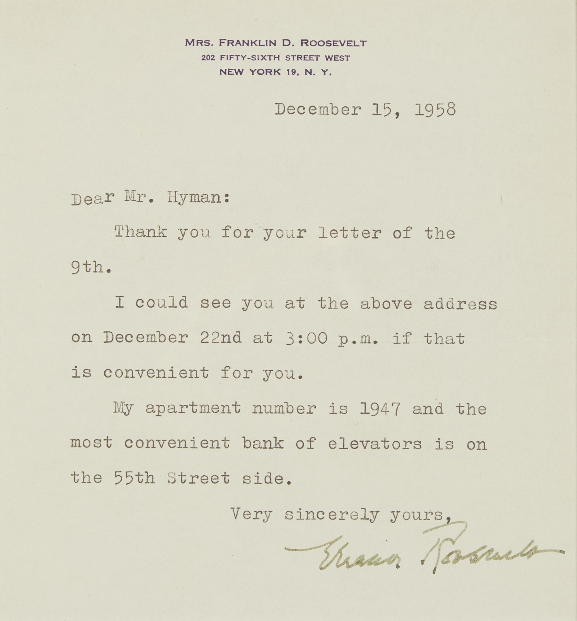 [Presidential] Roosevelt, Eleanor. Typed Letter, signed, and Signed Photograph