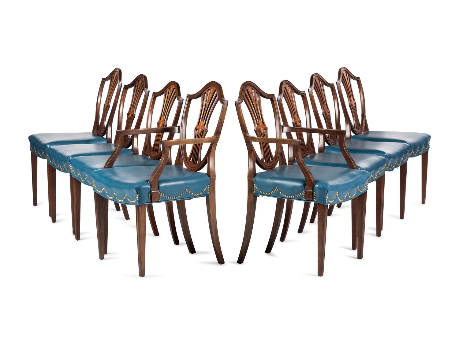 A Set of Eight Federal Style Inlaid and Volute-Carved Mahogany Shield-Back Dining Chairs