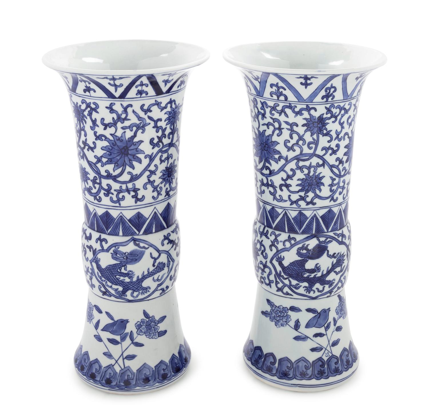 A Pair of Chinese Blue and White Porcelain Gu Vases