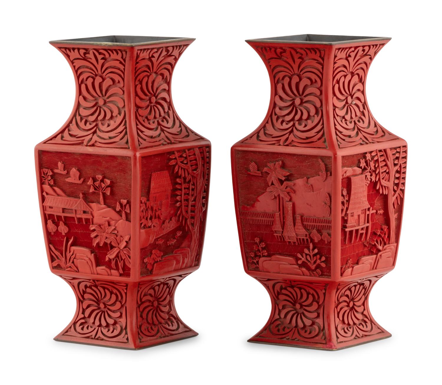 A Pair of Chinese Carved Red Lacquer Vases