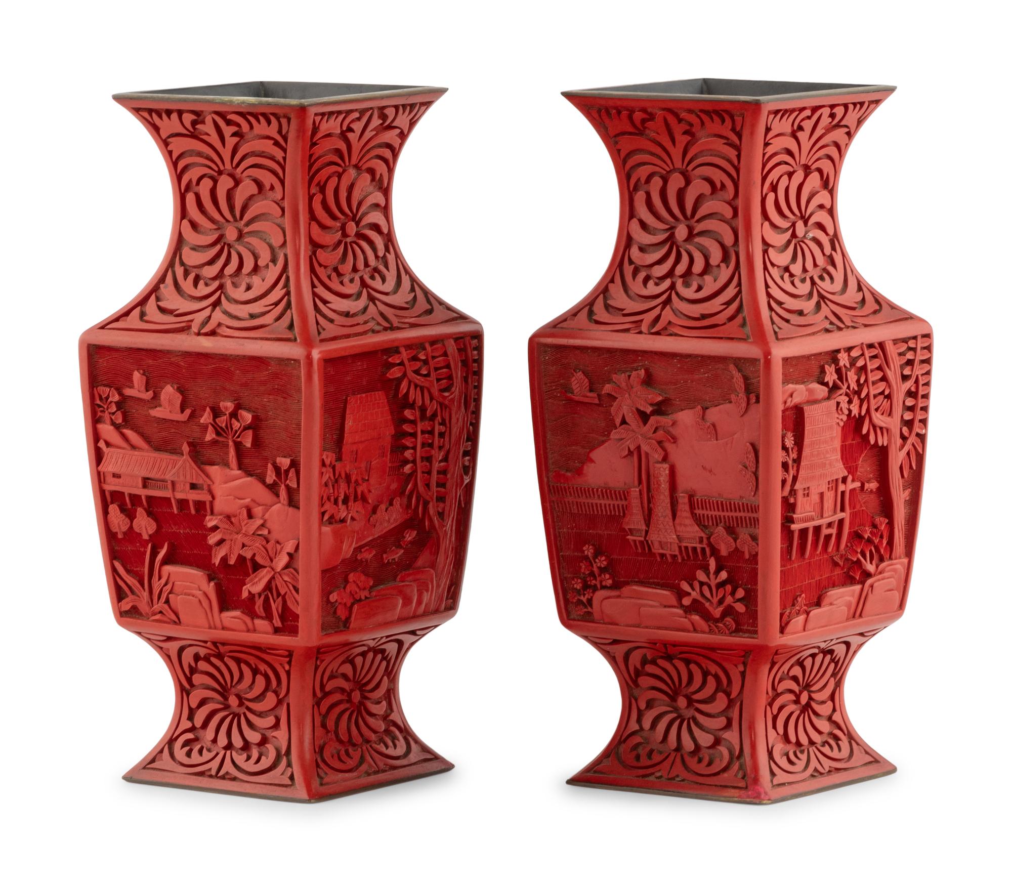 A Pair of Chinese Carved Red Lacquer Vases