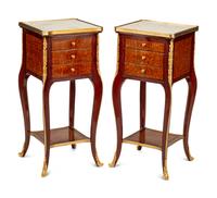 A Pair of Louis XV Style Gilt Bronze Mounted Marquetry Marble-Top Side Tables