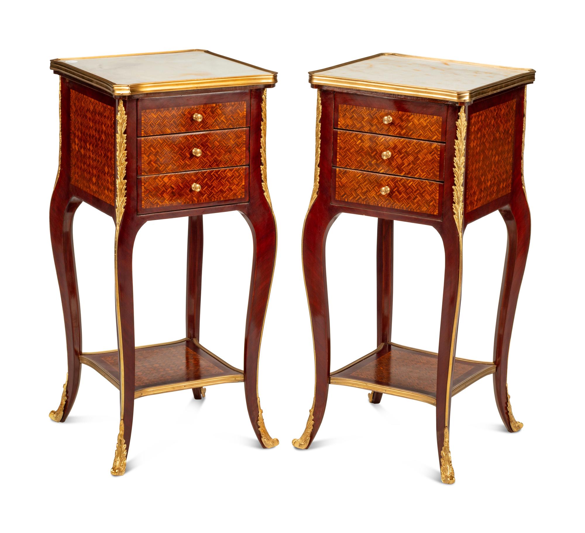 A Pair of Louis XV Style Gilt Bronze Mounted Marquetry Marble-Top Side Tables