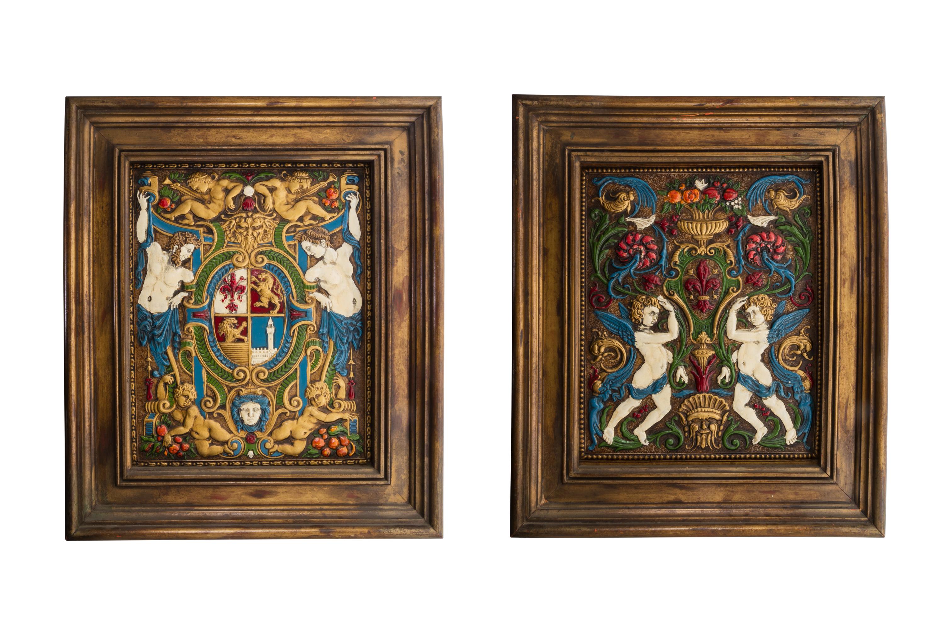 A Pair of Polychrome Decorated Embossed Leather Crests, Height 15 x width 11 inches.