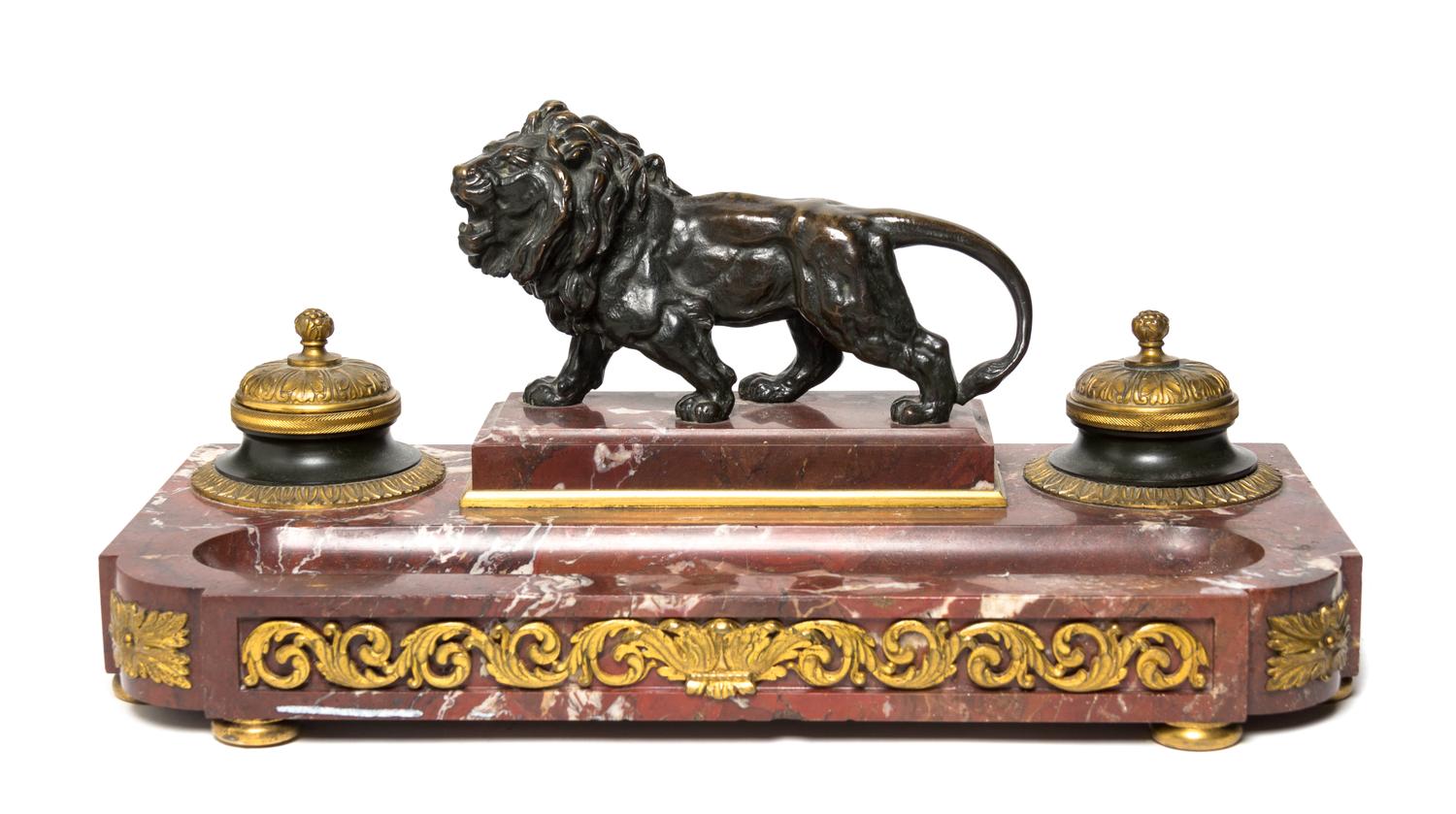 A Louis XVI Style Gilt Bronze and Marble Encrier, Width 16 3/4 inches.