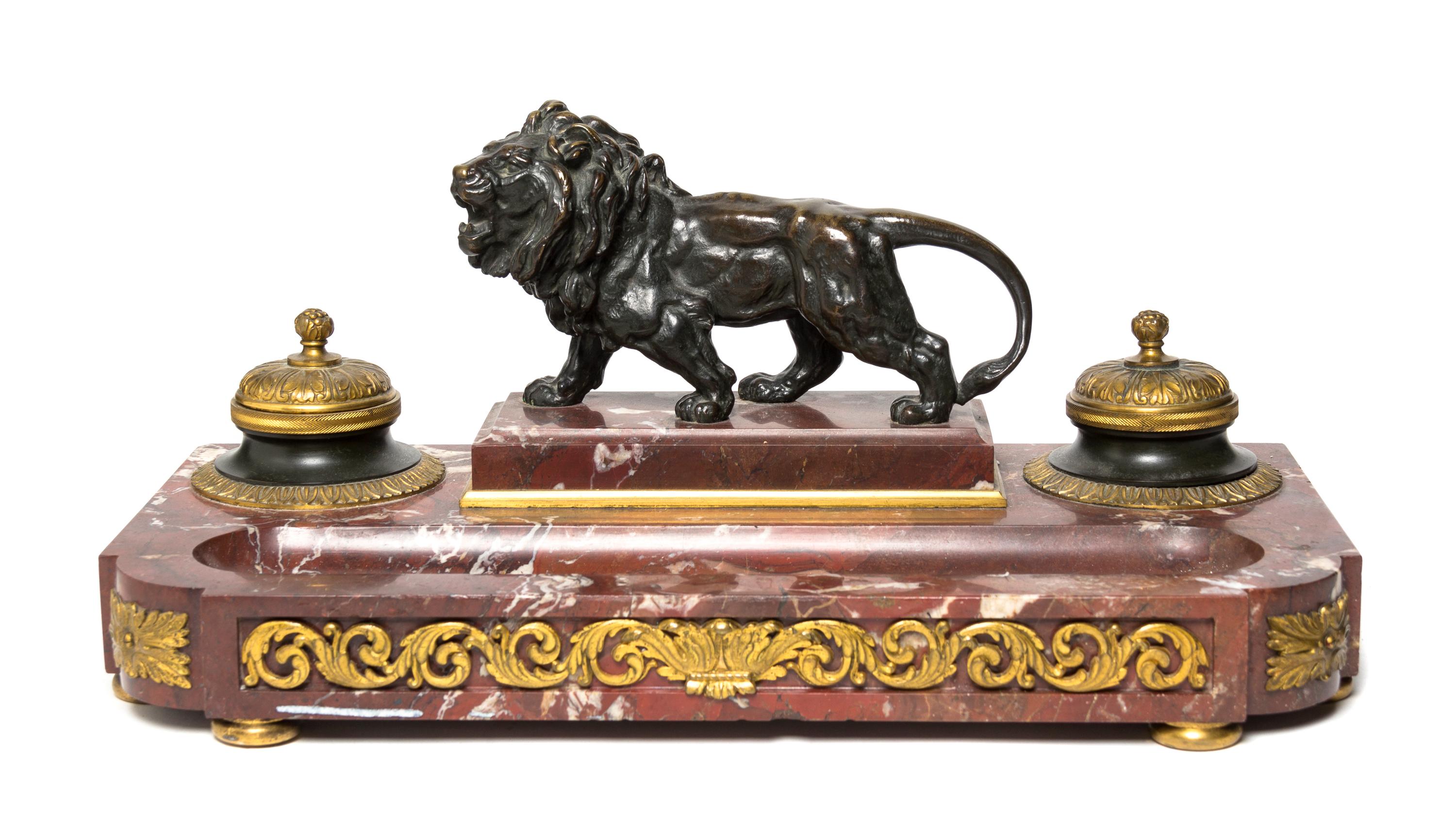 A Louis XVI Style Gilt Bronze and Marble Encrier, Width 16 3/4 inches.