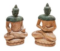 A Pair of Bronze and Carved Wood Seated Buddhas