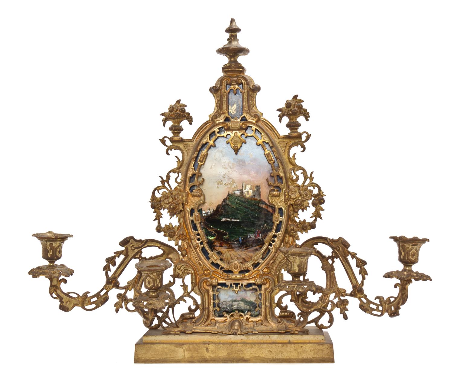 A Chinese Chippendale Style Gilt Bronze Four-Light Candelabrum, Height 20 3/4 x width 23 inches.
