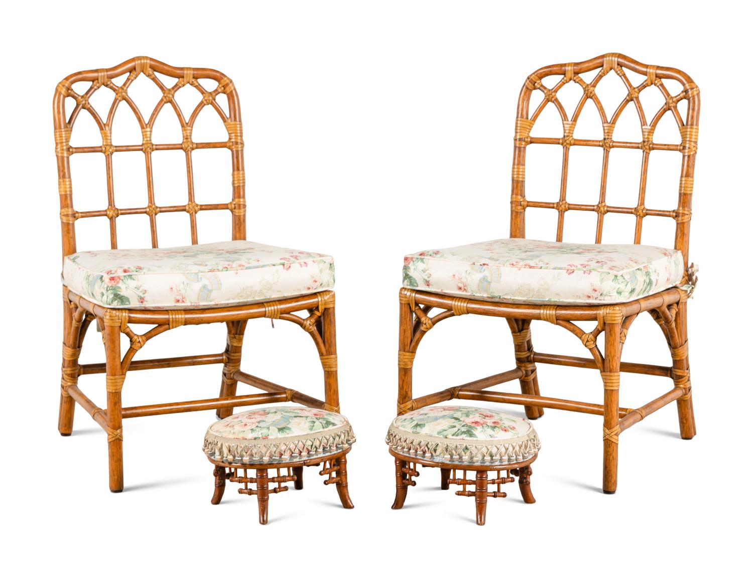 A Pair of Bamboo and Rattan Side Chairs with Associated Footstools