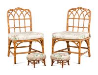 A Pair of Bamboo and Rattan Side Chairs with Associated Footstools