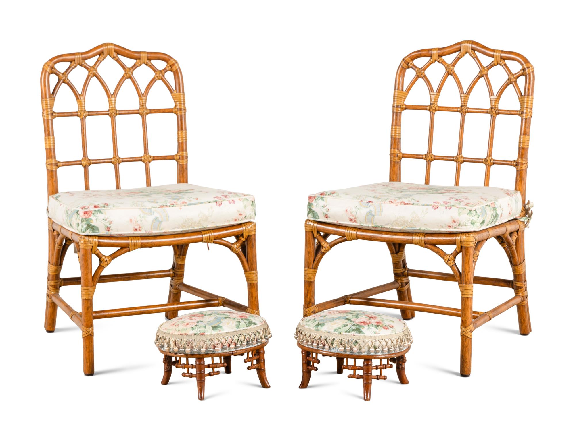 A Pair of Bamboo and Rattan Side Chairs with Associated Footstools