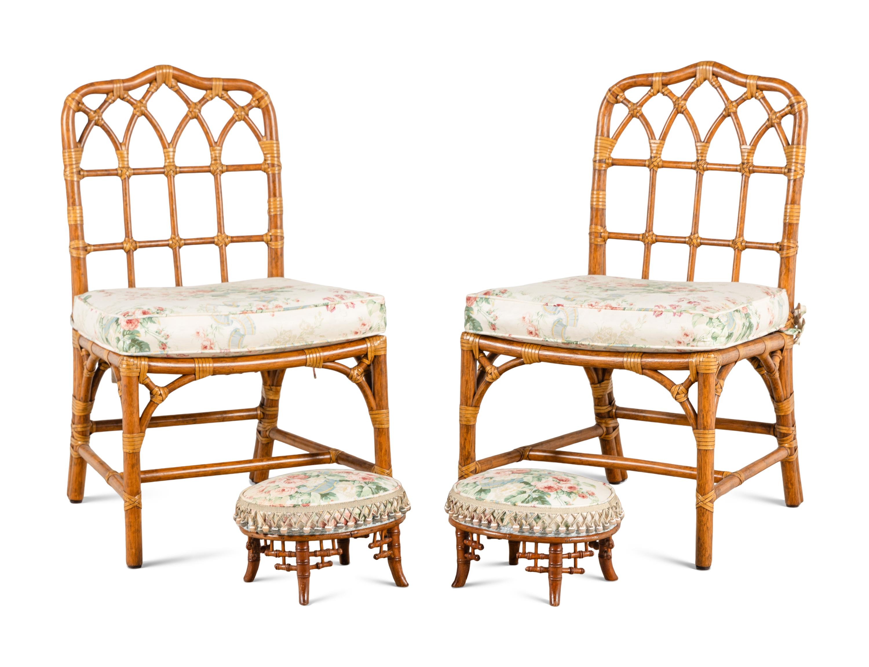 A Pair of Bamboo and Rattan Side Chairs with Associated Footstools