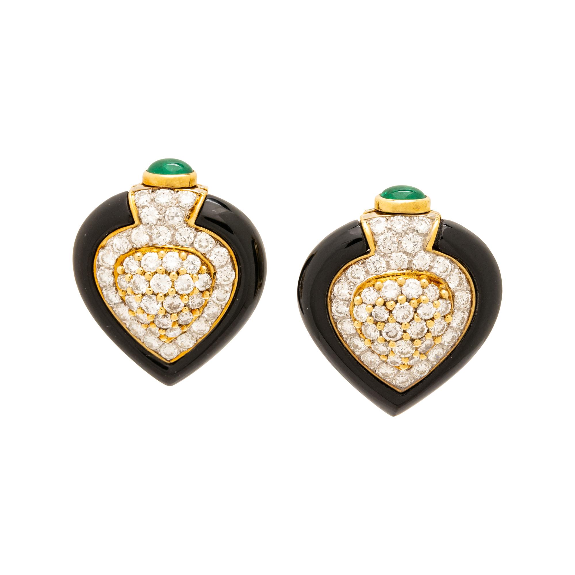 DIAMOND, EMERALD AND ONYX CLIP EARRINGS