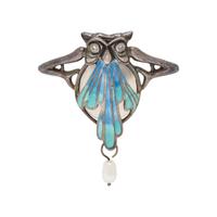 MUCHA, ART NOUVEAU, SILVER AND ENAMEL OWL PIN