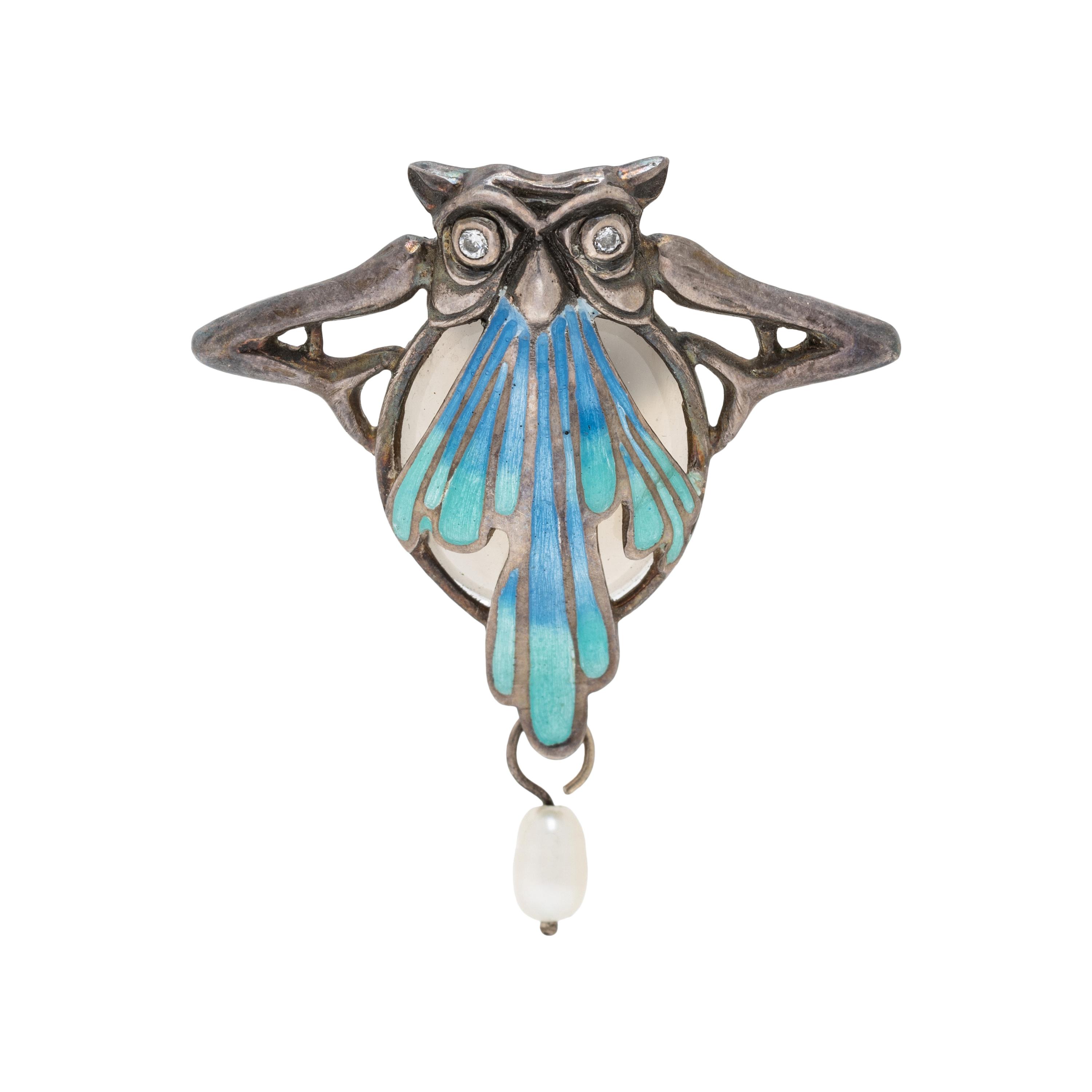 MUCHA, ART NOUVEAU, SILVER AND ENAMEL OWL PIN