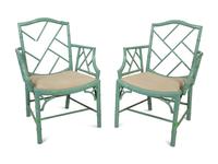 A Pair of Chinese Chippendale Style Turquoise Painted Faux Bamboo Armchairs — 20TH CENTURY