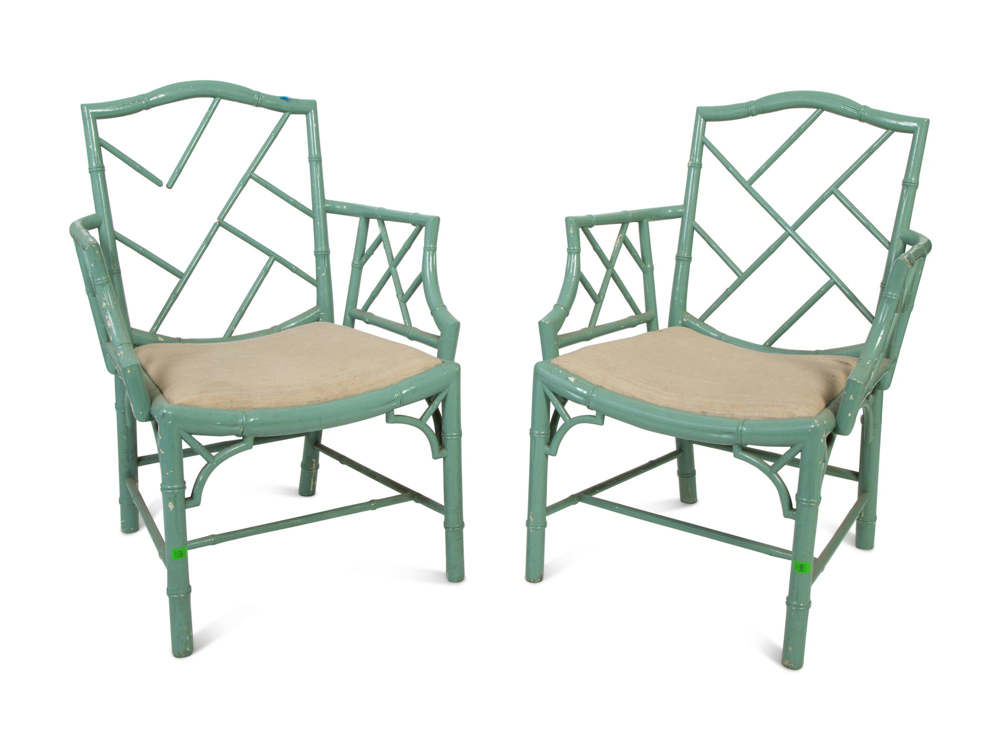 A Pair of Chinese Chippendale Style Turquoise Painted Faux Bamboo Armchairs — 20TH CENTURY