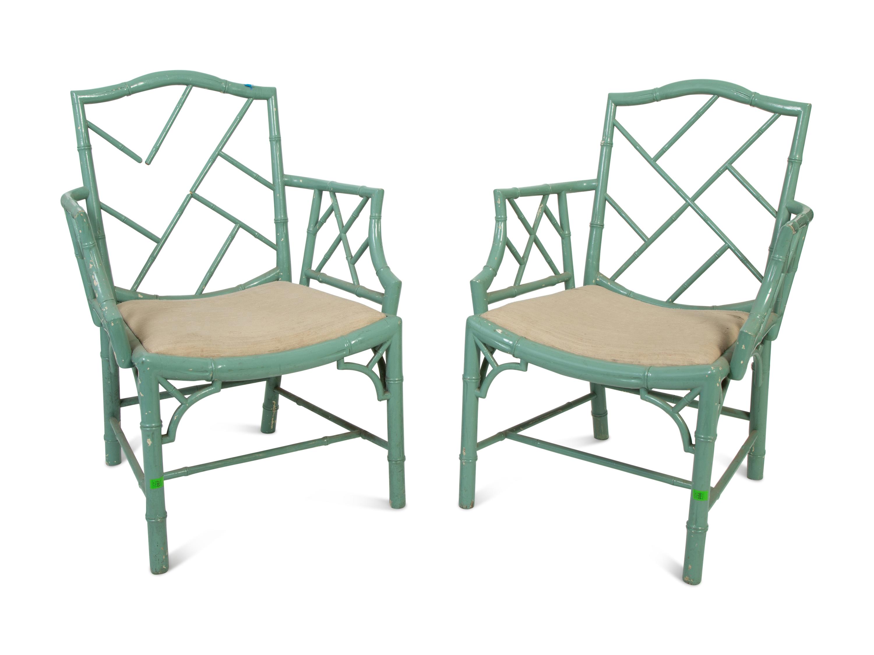 A Pair of Chinese Chippendale Style Turquoise Painted Faux Bamboo Armchairs — 20TH CENTURY