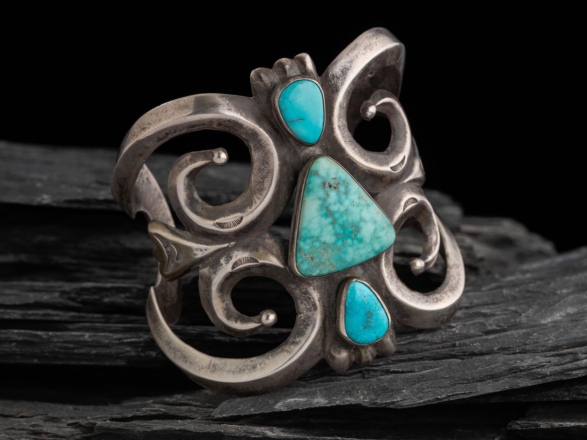 Large Navajo Sandcast Silver and Turquoise Cuff Bracelet