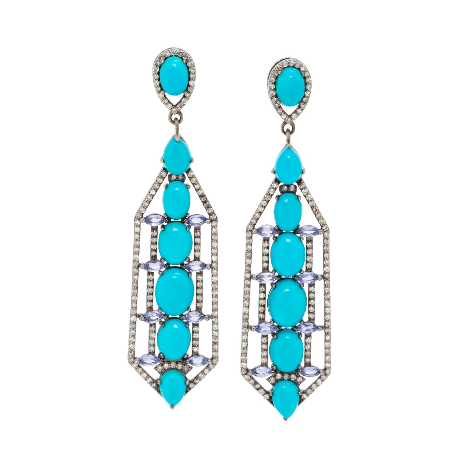 TURQUOISE, TANZANITE AND DIAMOND EARRINGS