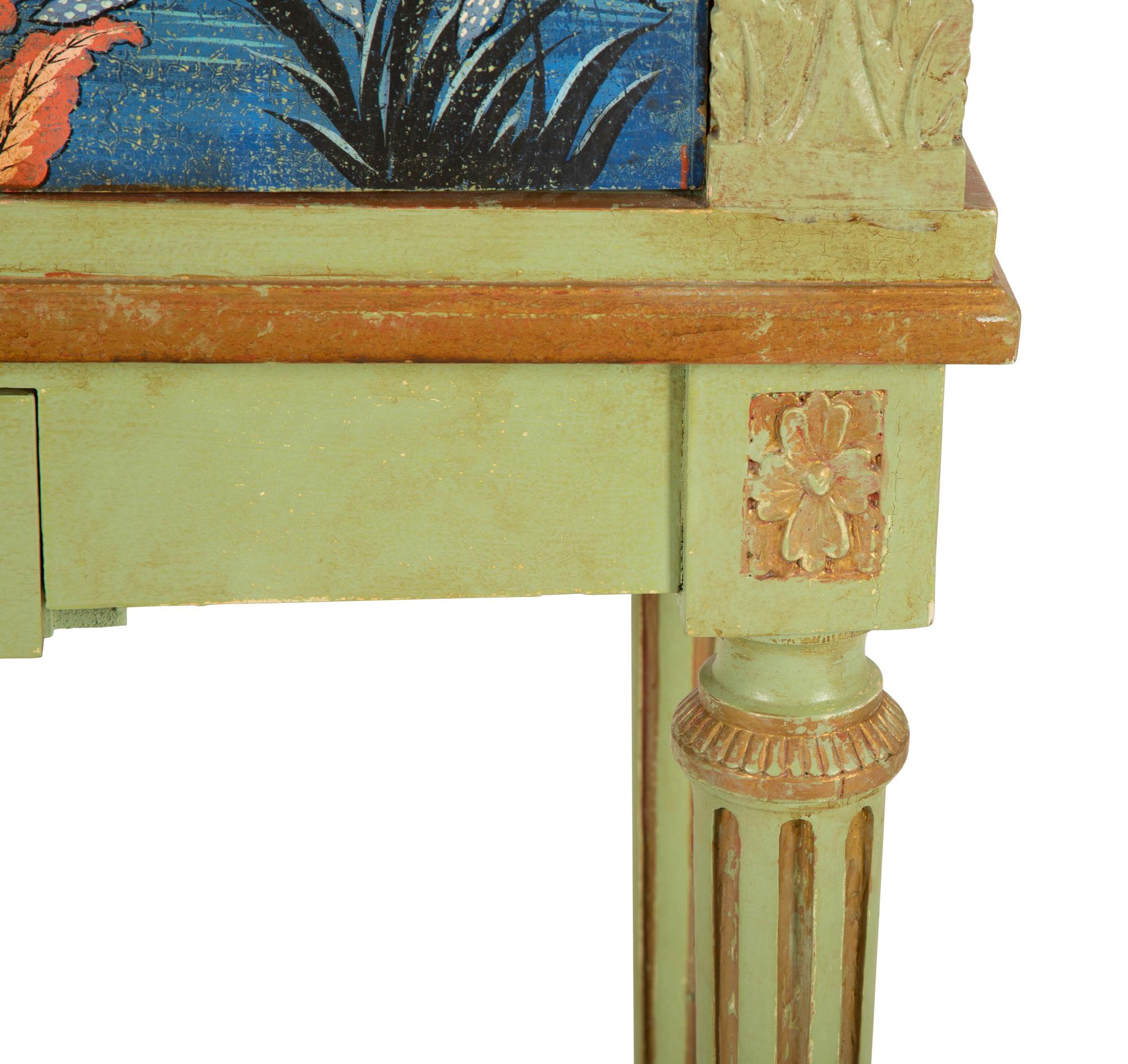 A Louis XVI Style Painted and Parcel Gilt Chinoiserie Decorated Cabinet on Stand