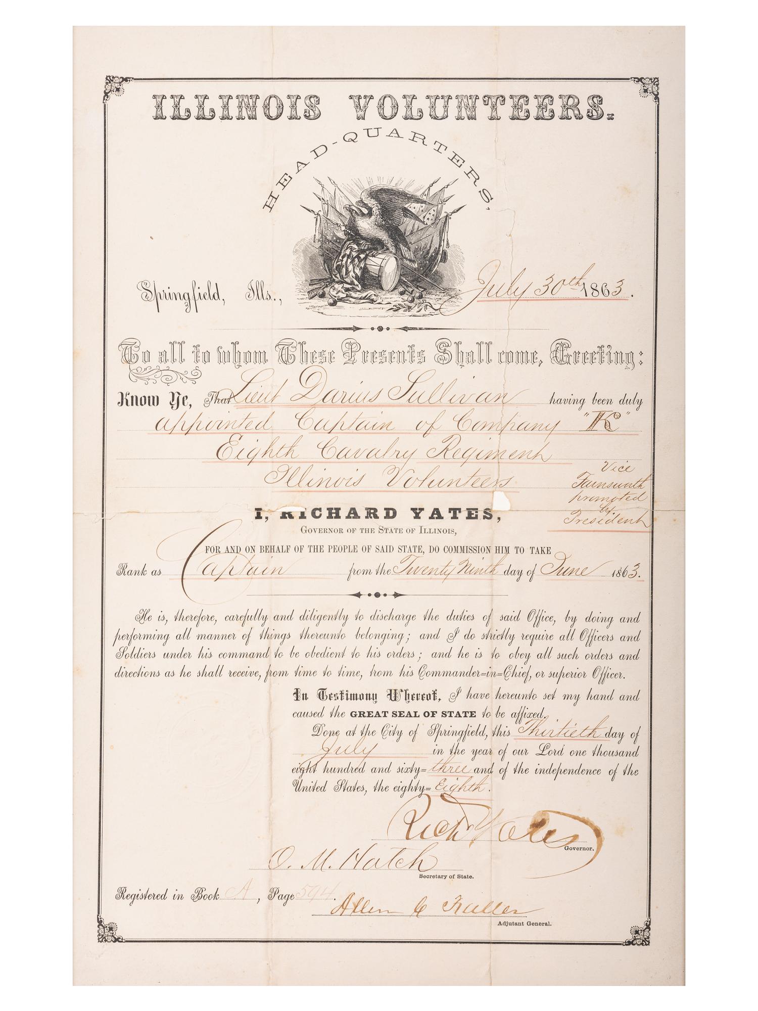 [CIVIL WAR] YATES, Richard (1815-1873). Illinois Volunteers appointment for Darius Sullivan signed ("Rich Yates"), as Governor. Springfield, IL, 30 July 1863.