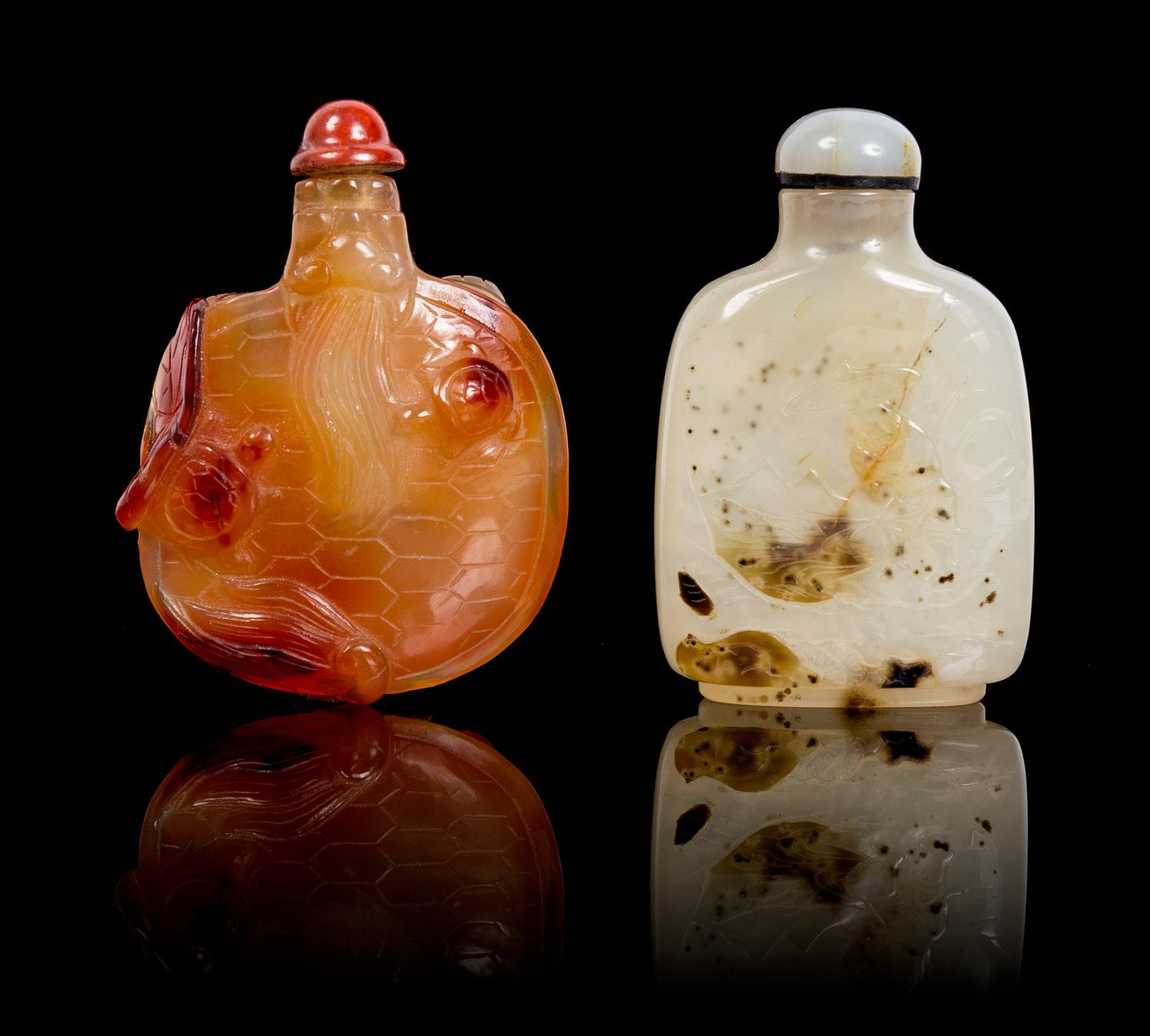 Two Agate Snuff Bottles Height of each 3 inches.
