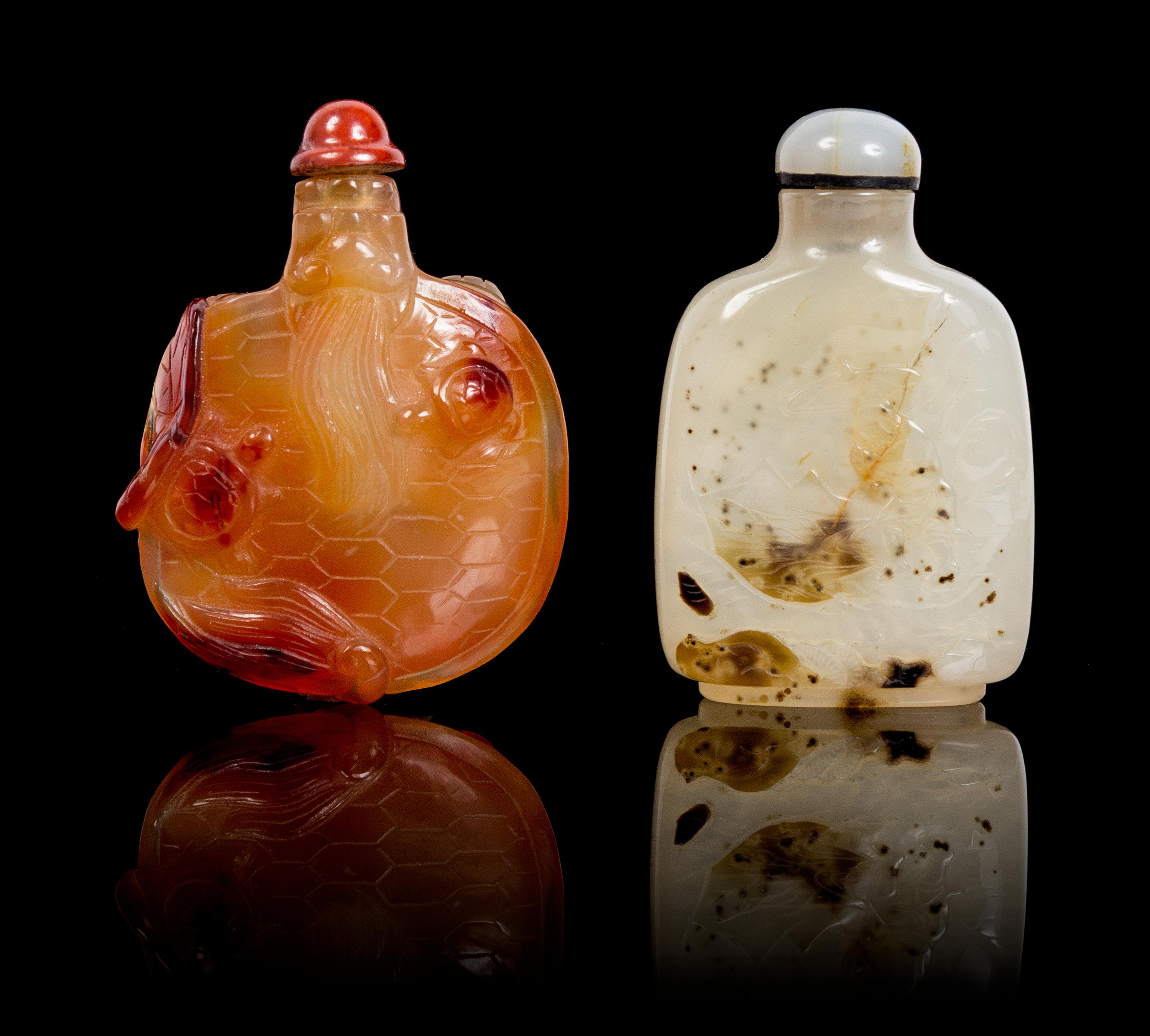 Two Agate Snuff Bottles Height of each 3 inches.