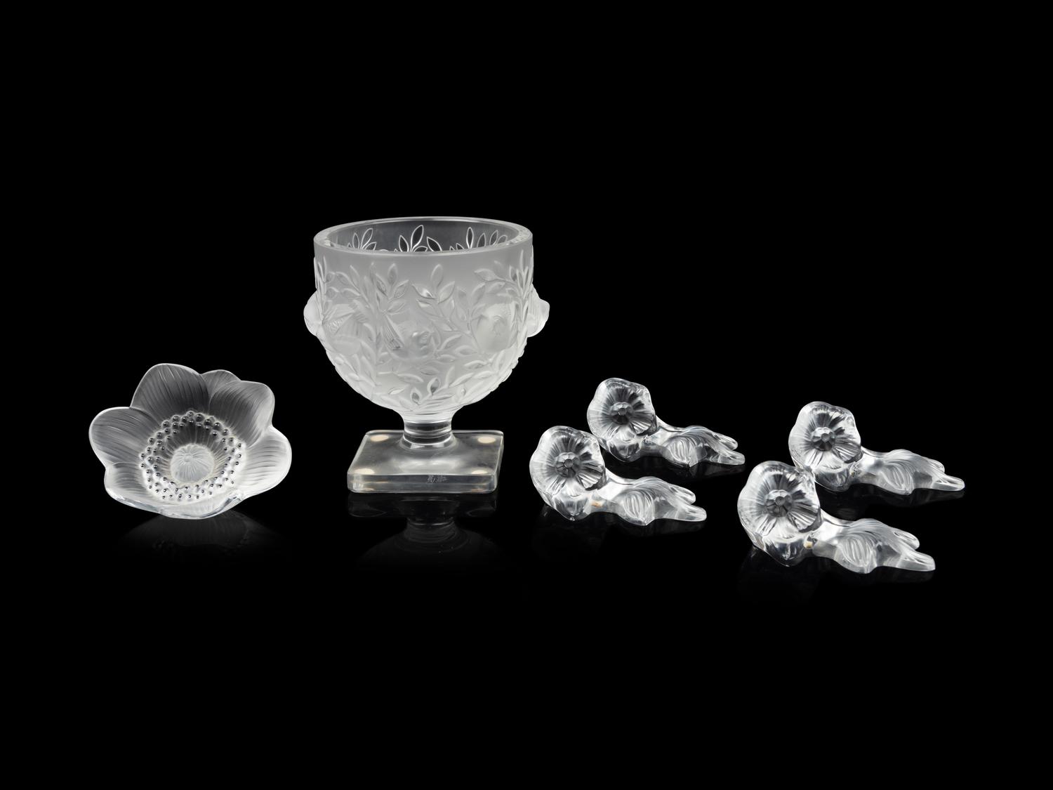 A Lalique Elisabeth Vase, Anemone Ornament and Four Floral Ornaments