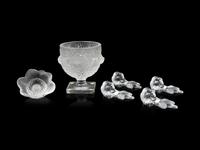 A Lalique Elisabeth Vase, Anemone Ornament and Four Floral Ornaments