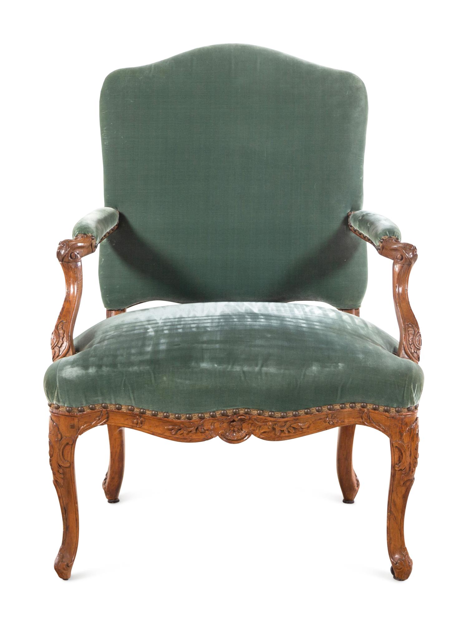 A Régence Velvet-Upholstered Beechwood Armchair