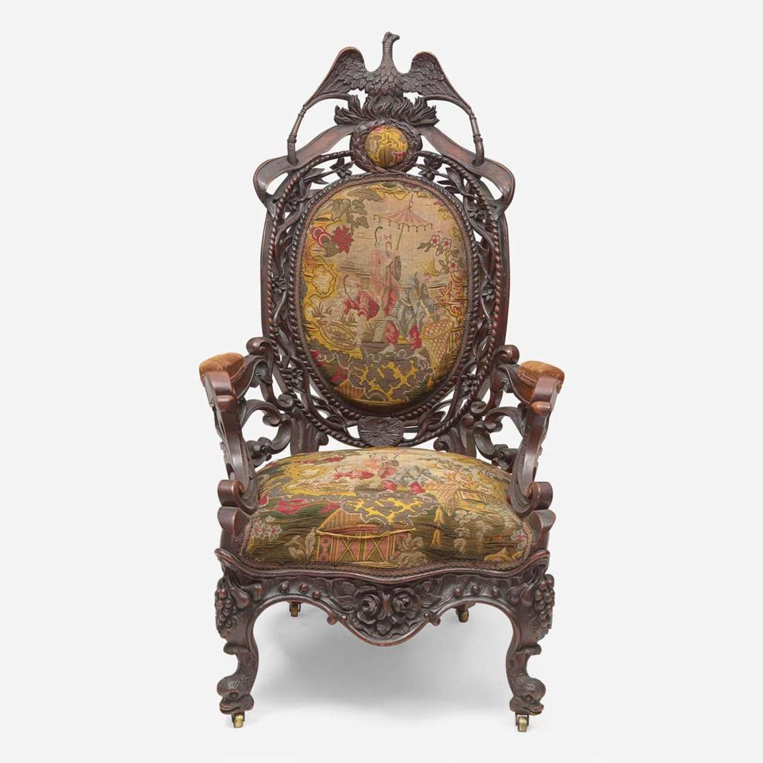 A Rococo revival carved oak fire company armchair circa 1860