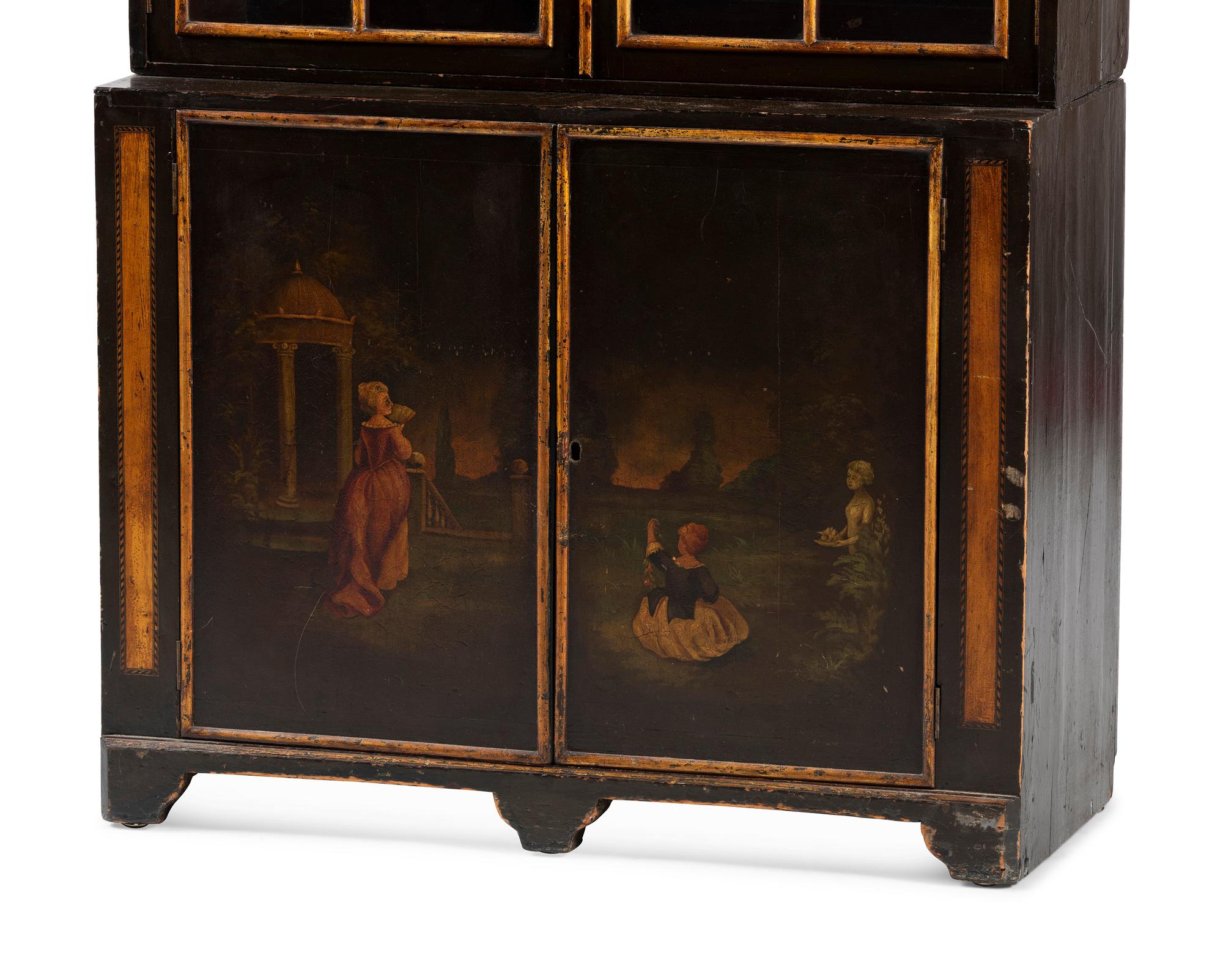 A Regency Black Lacquered and Parcel Gilt Vernis Martin Decorated Step-Back Cabinet