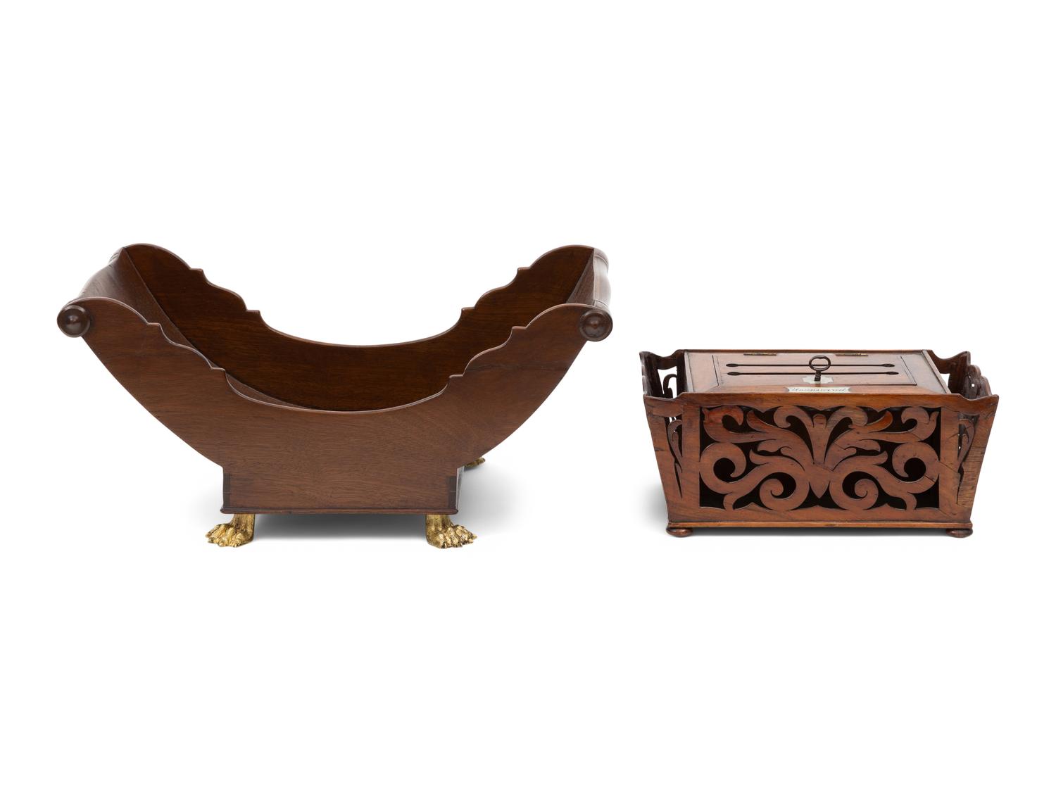 A Victorian Mother-of-Pearl Inlaid Butler's Letter Box and Associated George IV Mahogany Cheese Cradle