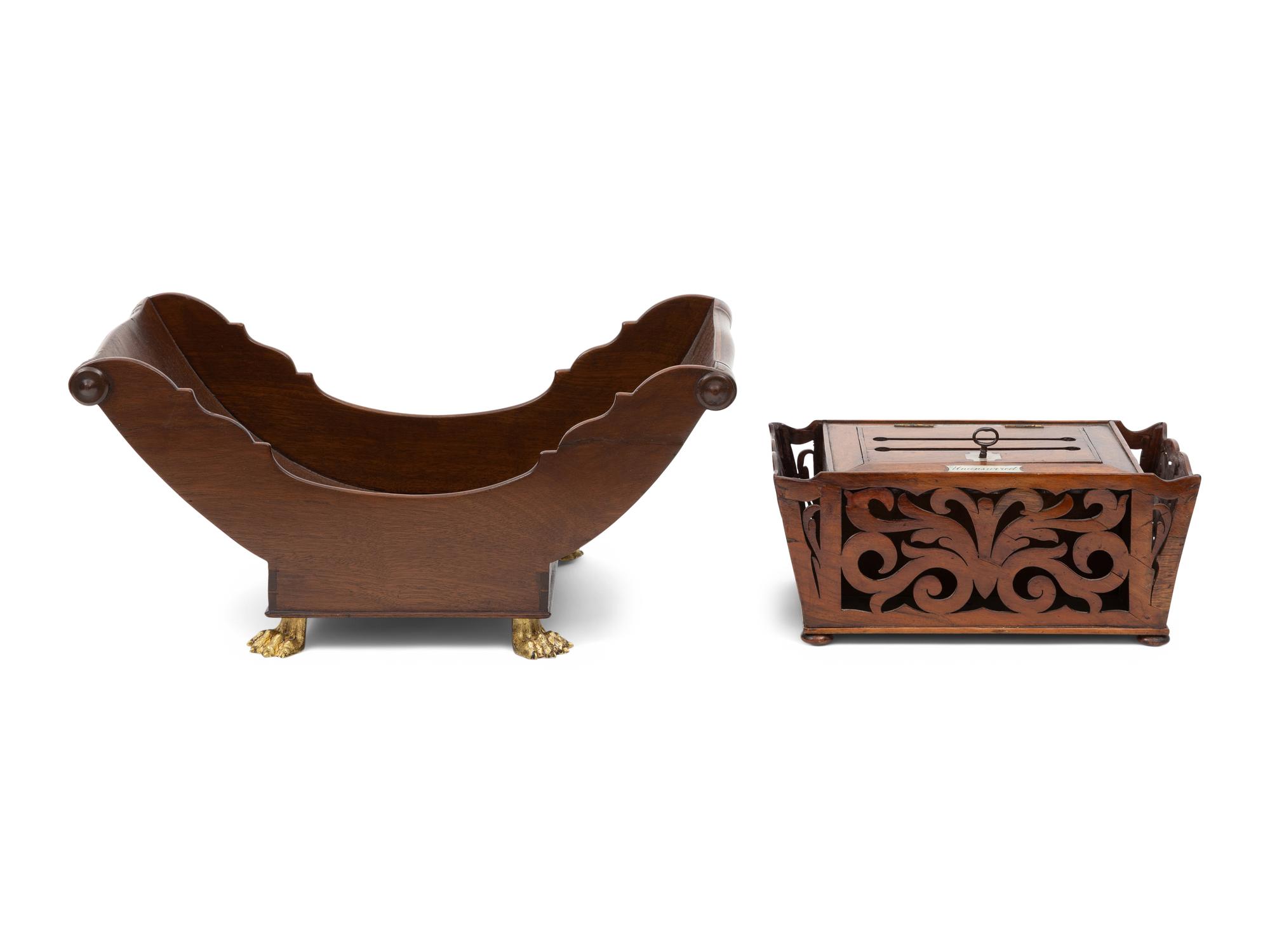 A Victorian Mother-of-Pearl Inlaid Butler's Letter Box and Associated George IV Mahogany Cheese Cradle