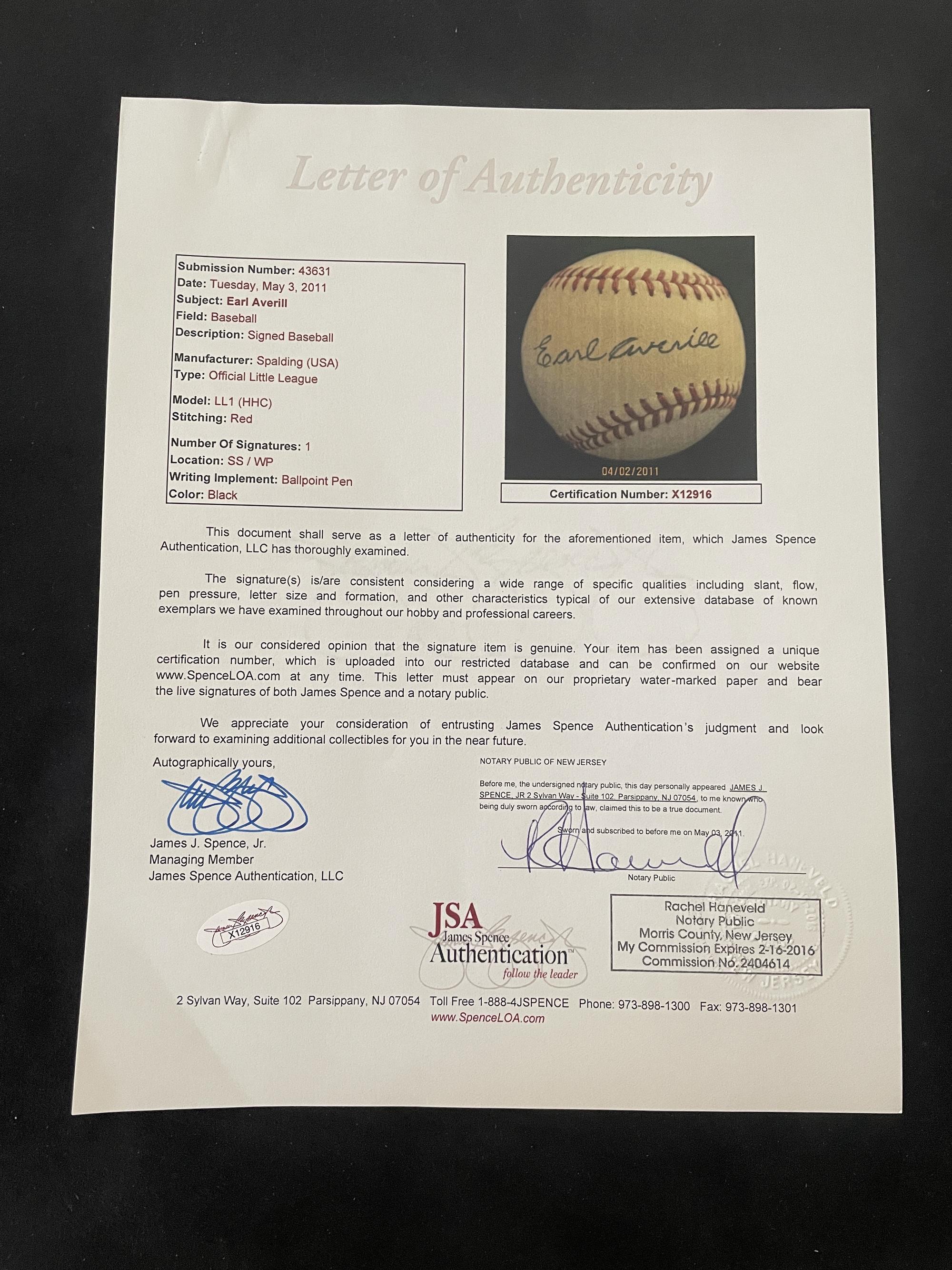 An Earl Averill Single Signed Autograph Baseball (JSA Letter)