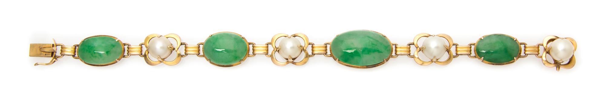 A Vintage Yellow Gold, Jadeite and Cultured Pearl Bracelet, Hong Kong, 15.60 dwts.