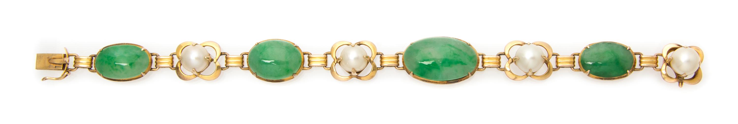 A Vintage Yellow Gold, Jadeite and Cultured Pearl Bracelet, Hong Kong, 15.60 dwts.
