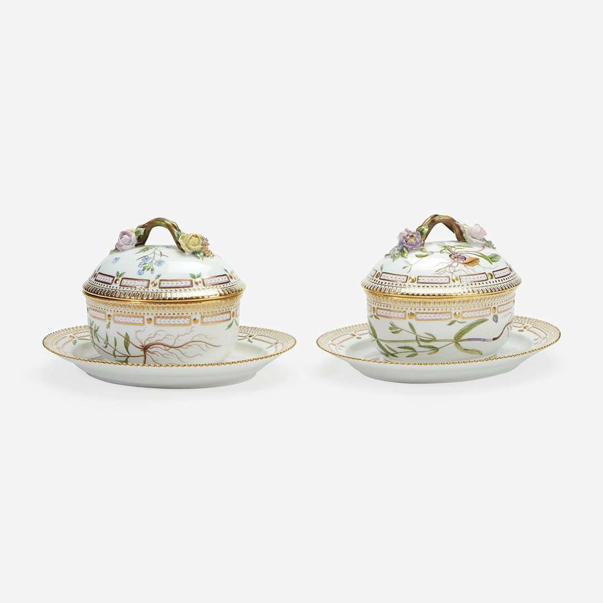 A Pair of Flora Danica Porcelain Small Tureens and Covers and Underplates Modern