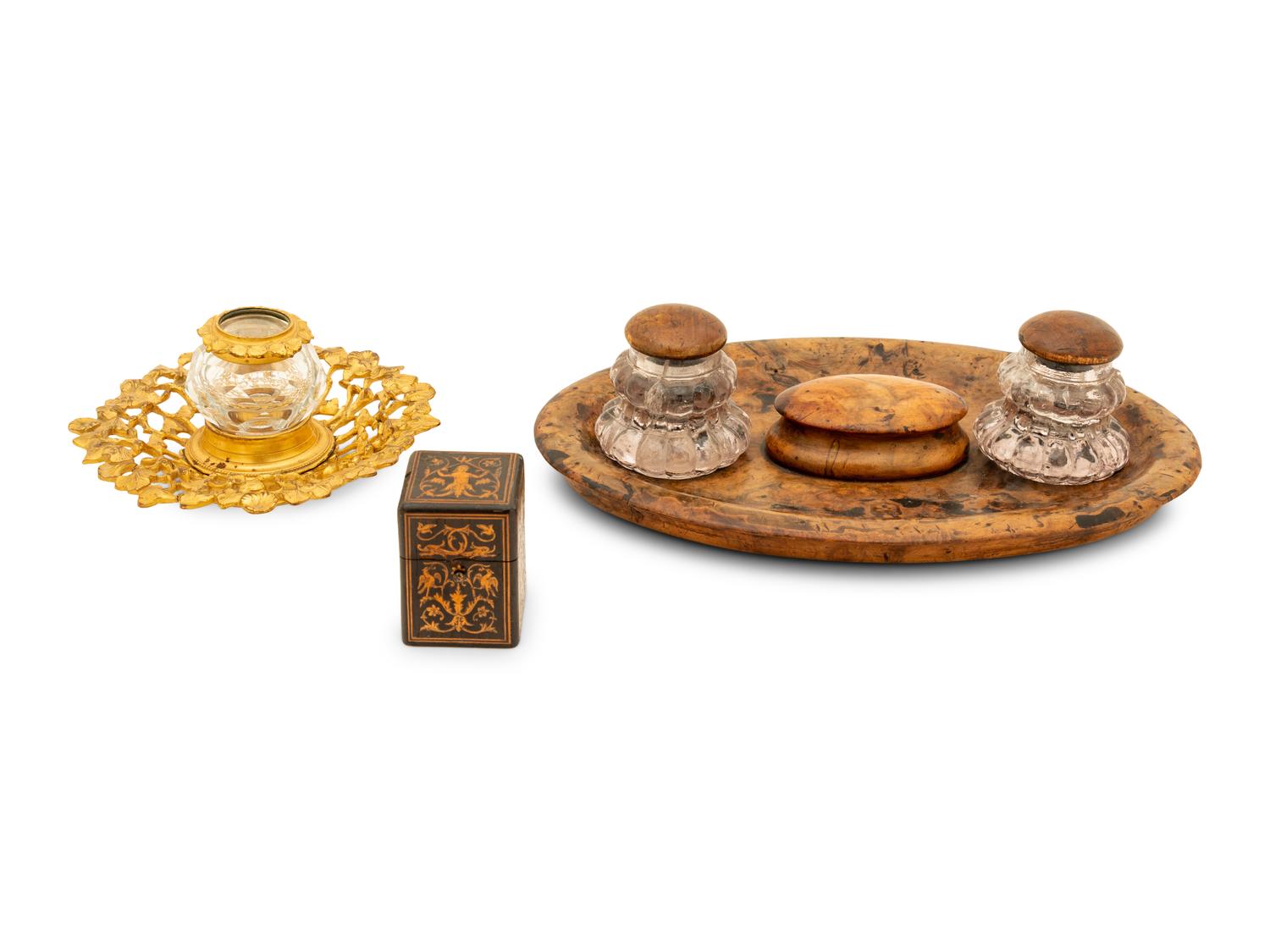 A Group of Continental Gilt Brass and Wooden Inkwells